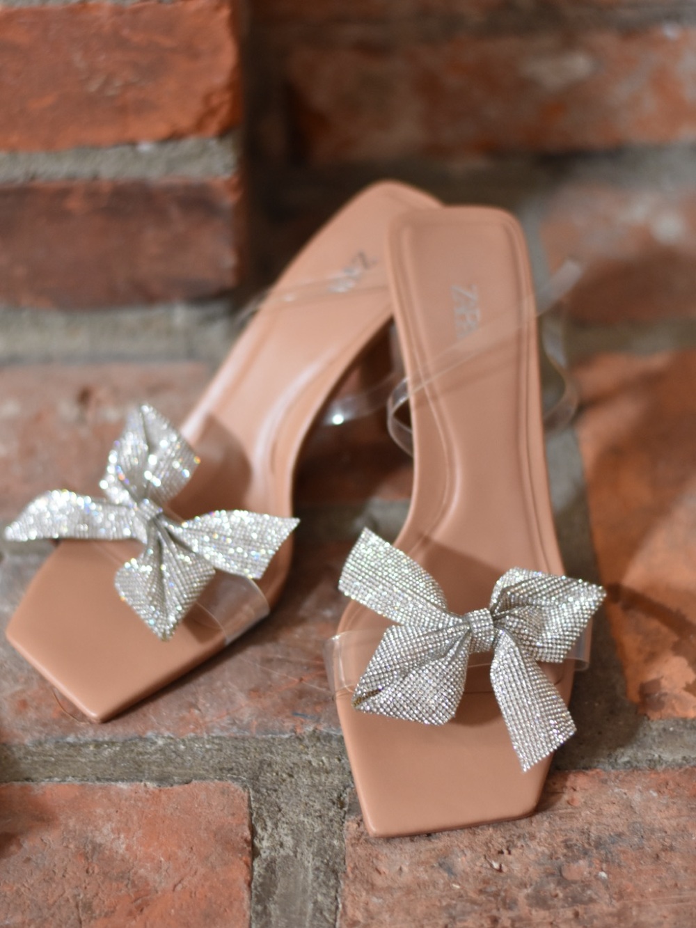 ZARA Nude Heels with Crystal Bow